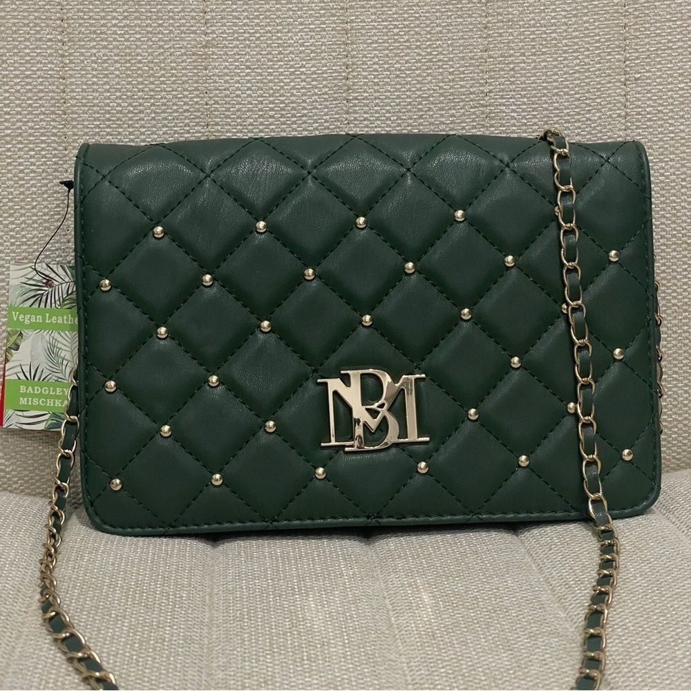 NEW Badgley Mischka Hunter Green Quilted Studded Vegan Leather Crossbody Bag